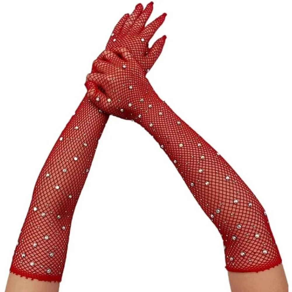 Women's A-Mesh-‌Red Rhinestone Sparkly Elbow Length Gloves Halloween Costumes